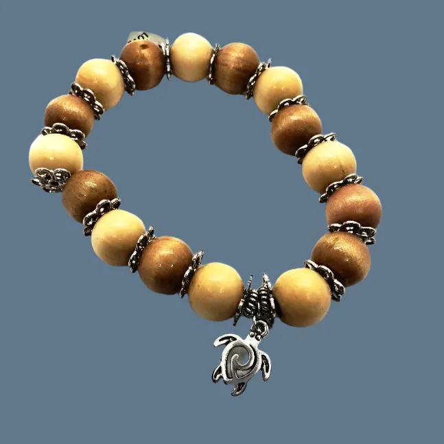 Handmade Boho Style Stretch Turtle Charm Bracelet with Sandalwood Beads