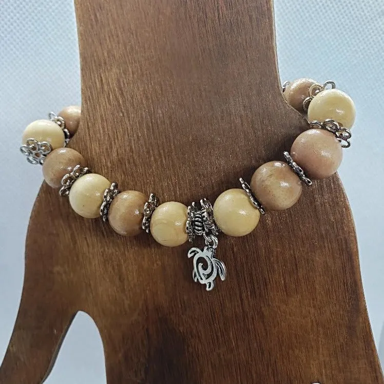 Handmade Boho Style Stretch Turtle Charm Bracelet with Sandalwood Beads