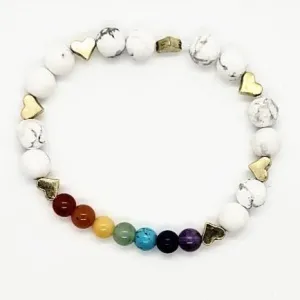Handmade Chakra Stretch Bracelet with White Howlite & Gold Heart Spacers – Natural Gemstones✨