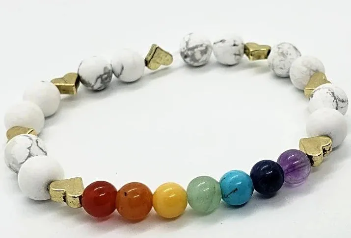 Handmade Chakra Stretch Bracelet with White Howlite & Gold Heart Spacers – Natural Gemstones✨