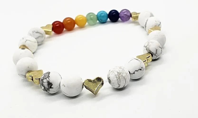 Handmade Chakra Stretch Bracelet with White Howlite & Gold Heart Spacers – Natural Gemstones✨