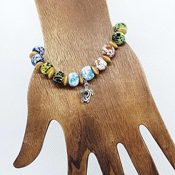 Handmade Multicolored Glazed Ceramic Bead Bracelet with Turtle Charm & Hematite Accents✨