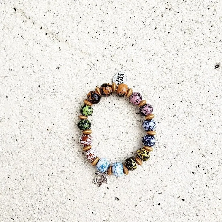 Handmade Multicolored Glazed Ceramic Bead Bracelet with Turtle Charm & Hematite Accents✨