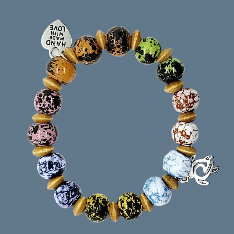 Handmade Multicolored Glazed Ceramic Bead Bracelet with Turtle Charm & Hematite Accents✨