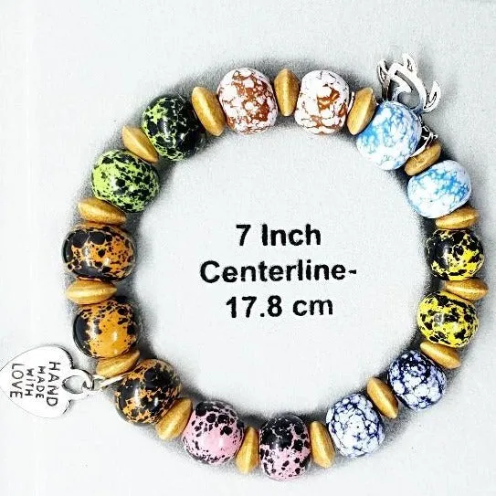 Handmade Multicolored Glazed Ceramic Bead Bracelet with Turtle Charm & Hematite Accents✨