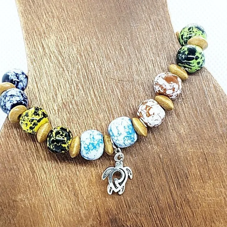 Handmade Multicolored Glazed Ceramic Bead Bracelet with Turtle Charm & Hematite Accents✨