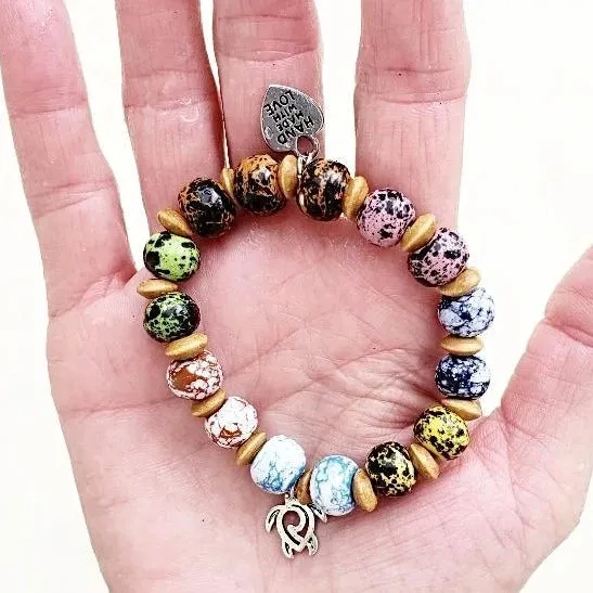 Handmade Multicolored Glazed Ceramic Bead Bracelet with Turtle Charm & Hematite Accents✨