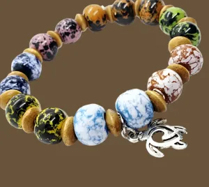 Handmade Multicolored Glazed Ceramic Bead Bracelet with Turtle Charm & Hematite Accents✨