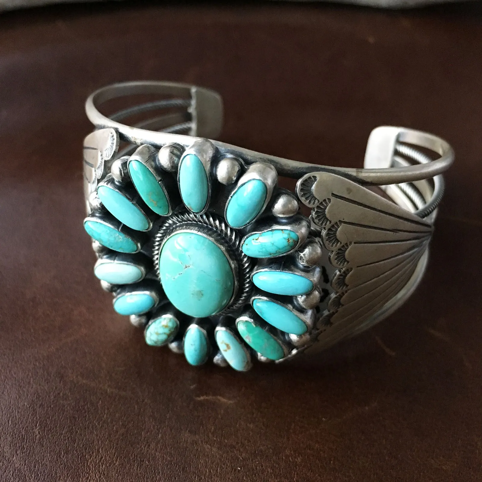 Handmade Sea Bluegreen Carico Lake Turquoise Flower Bracelet Cuff