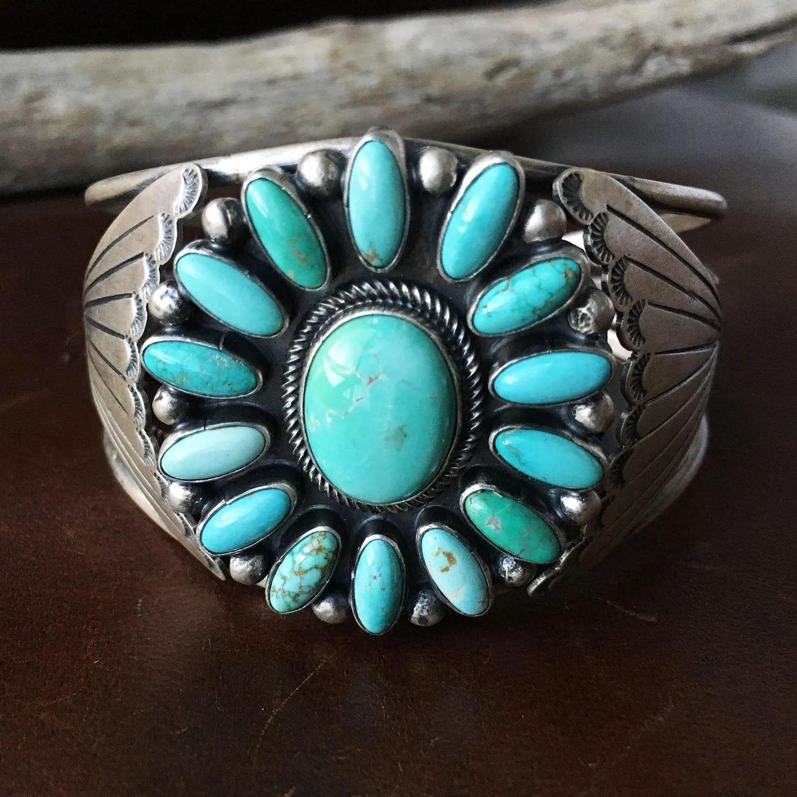 Handmade Sea Bluegreen Carico Lake Turquoise Flower Bracelet Cuff