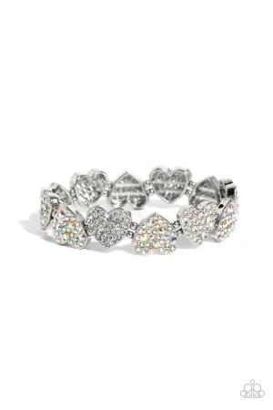Headliner Heart - White - and Iridescent Rhinestone Encrusted Heart Paparazzi Stretchy Bracelet