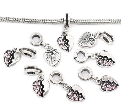 Heart Dangle with Pink  Rhinestone European Bead Compatible for Most European Snake Chain Bracelet