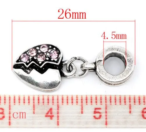 Heart Dangle with Pink  Rhinestone European Bead Compatible for Most European Snake Chain Bracelet