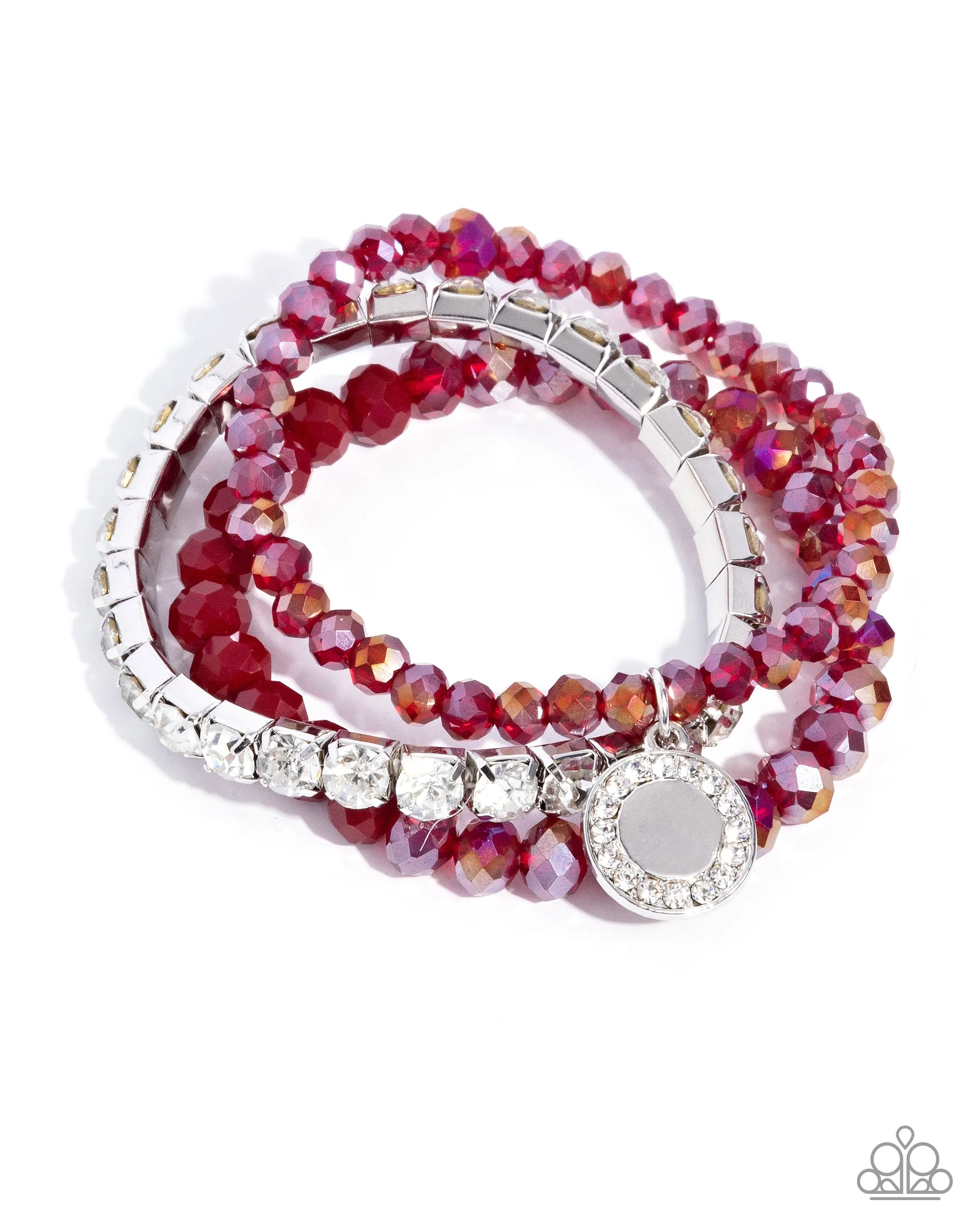 Heroic Haute - Red - Iridescent Faceted Bead White Rhinestone Paparazzi Stretchy Bracelet