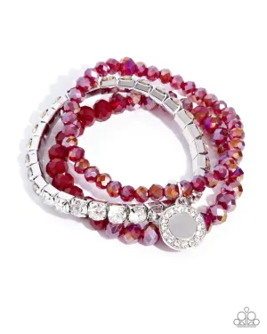 Heroic Haute - Red - Iridescent Faceted Bead White Rhinestone Paparazzi Stretchy Bracelet