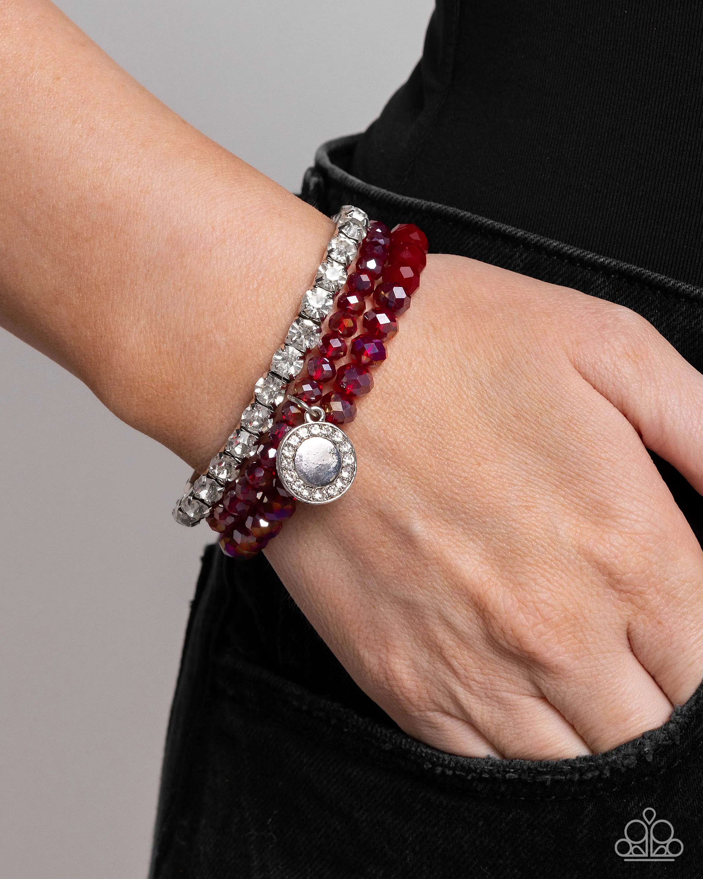 Heroic Haute - Red - Iridescent Faceted Bead White Rhinestone Paparazzi Stretchy Bracelet