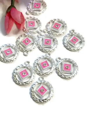 Hot Pink NA Enamel With Clear Crystal Pendant Charms Silver Tone