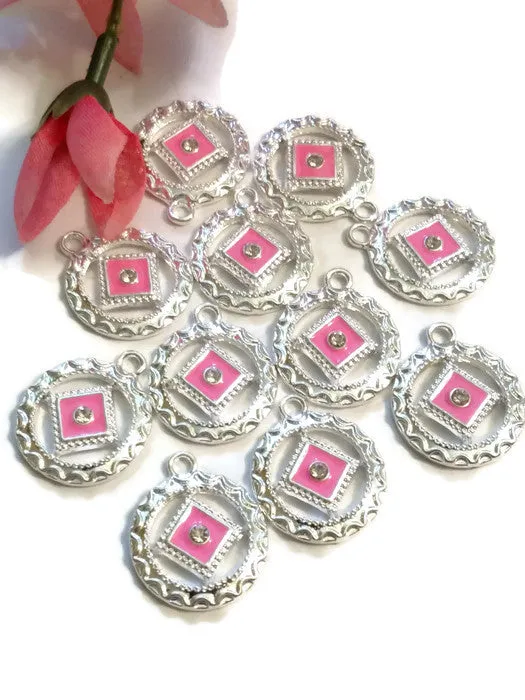 Hot Pink NA Enamel With Clear Crystal Pendant Charms Silver Tone