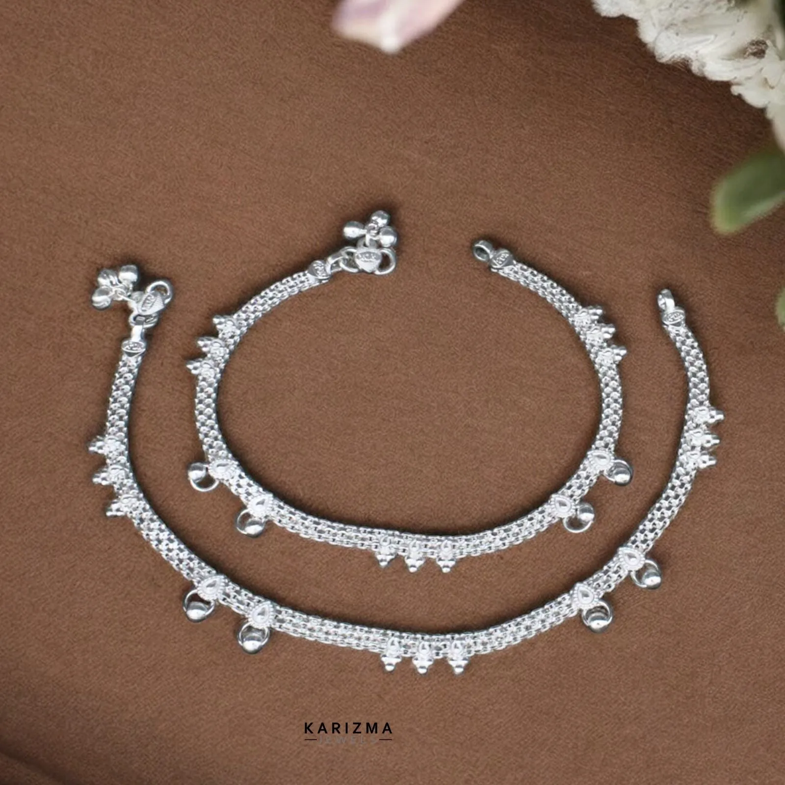 Indian Boho design Sterling Silver Indian women Anklets Ankle Pair 10.5"