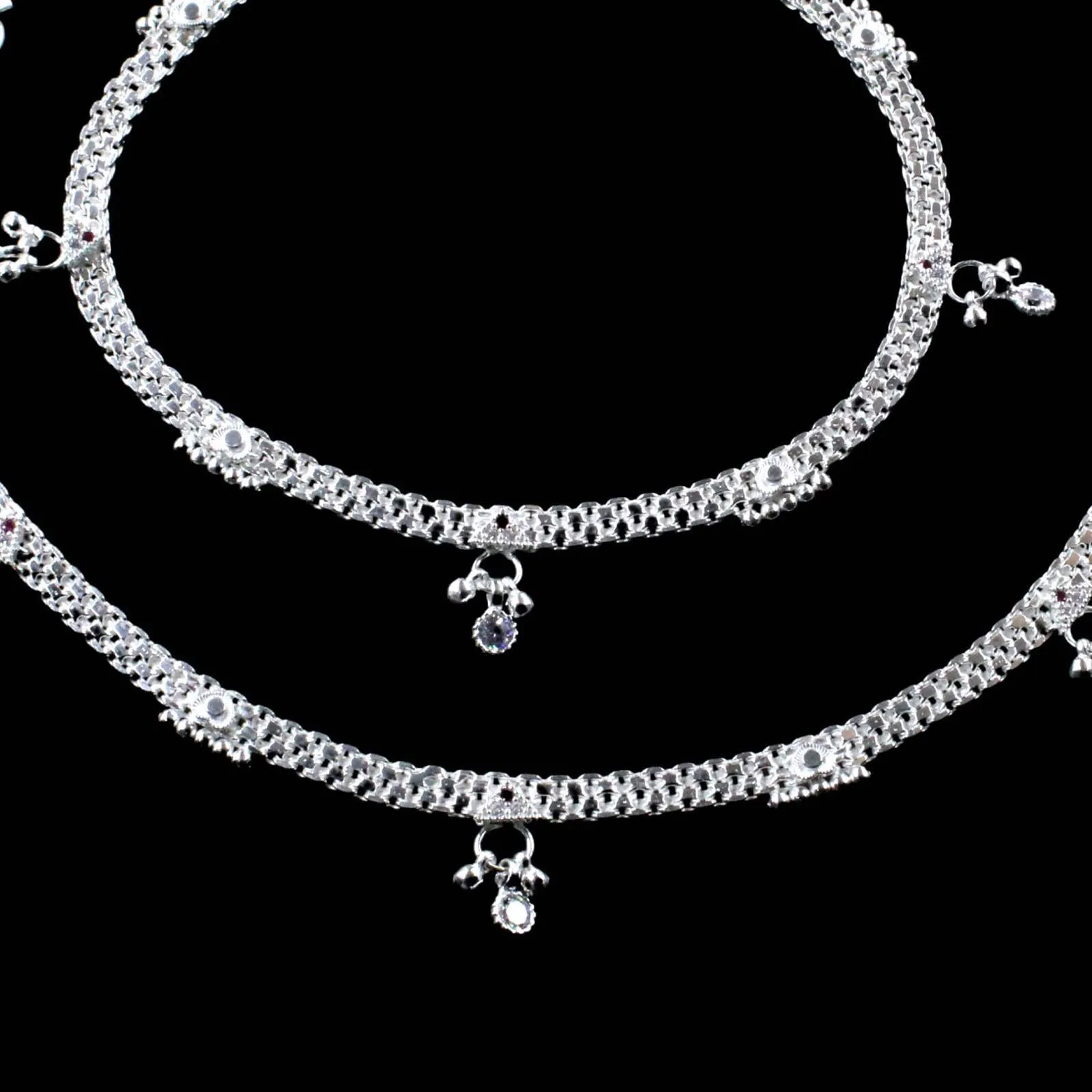 Indian Boho Look Real Silver Pink White CZ Women Anklets Ankle Pair 10.3"