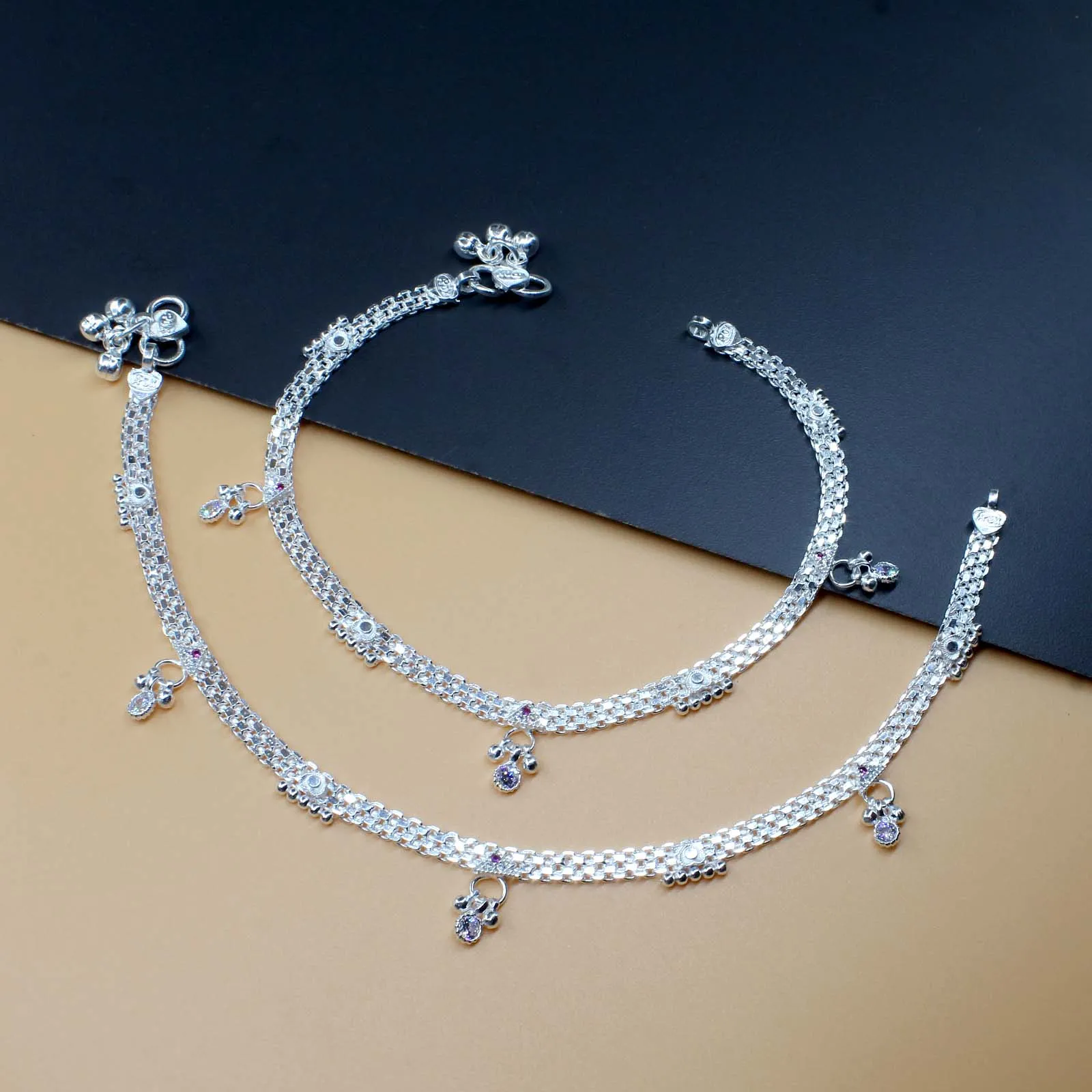Indian Boho Look Real Silver Pink White CZ Women Anklets Ankle Pair 10.3"