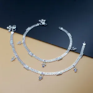 Indian Boho Look Real Silver Pink White CZ Women Anklets Ankle Pair 10.3"