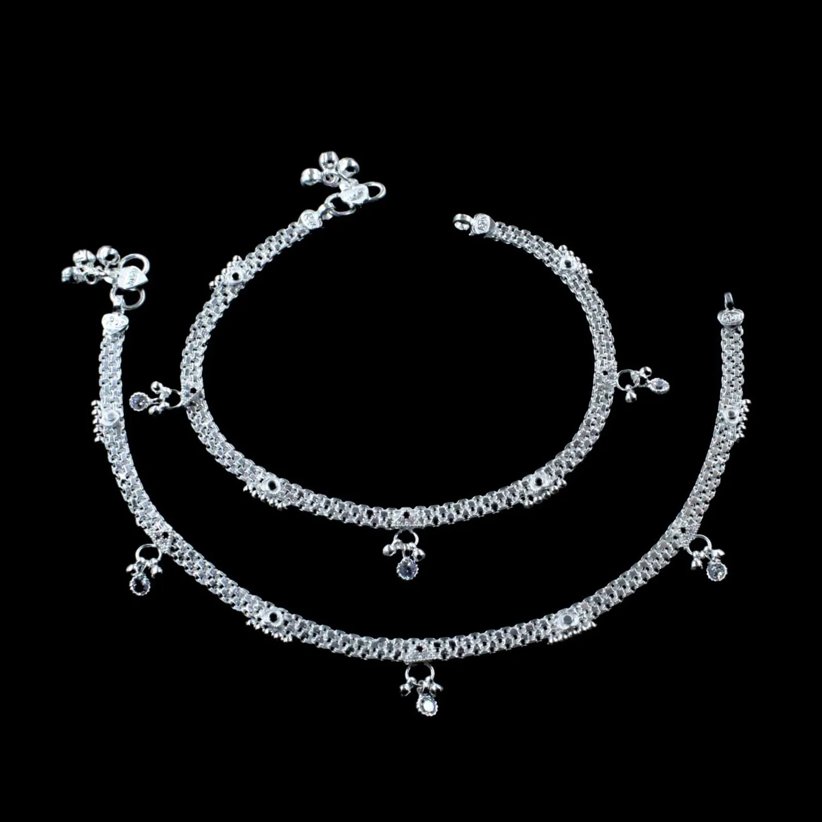 Indian Boho Look Real Silver Pink White CZ Women Anklets Ankle Pair 10.3"