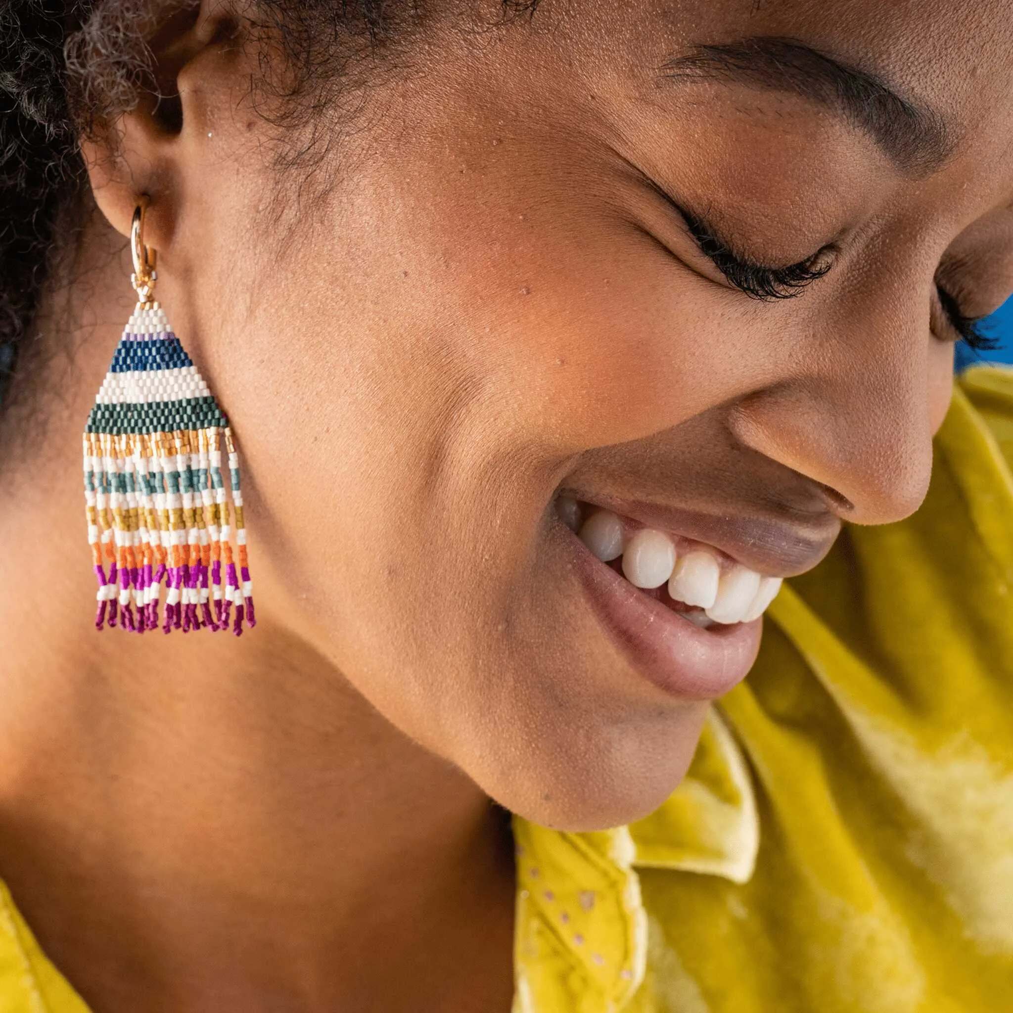 James Mini Gold Hoop Beaded Geo Fringe Earrings {bronze   black   gold}