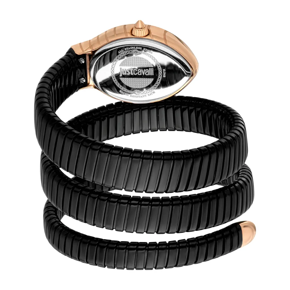 Just Cavalli Snake Shape Women's Watch - Rose Gold Color Case with Black Dial and Two Tone Metal Bracelet