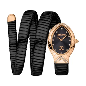 Just Cavalli Snake Shape Women's Watch - Rose Gold Color Case with Black Dial and Two Tone Metal Bracelet