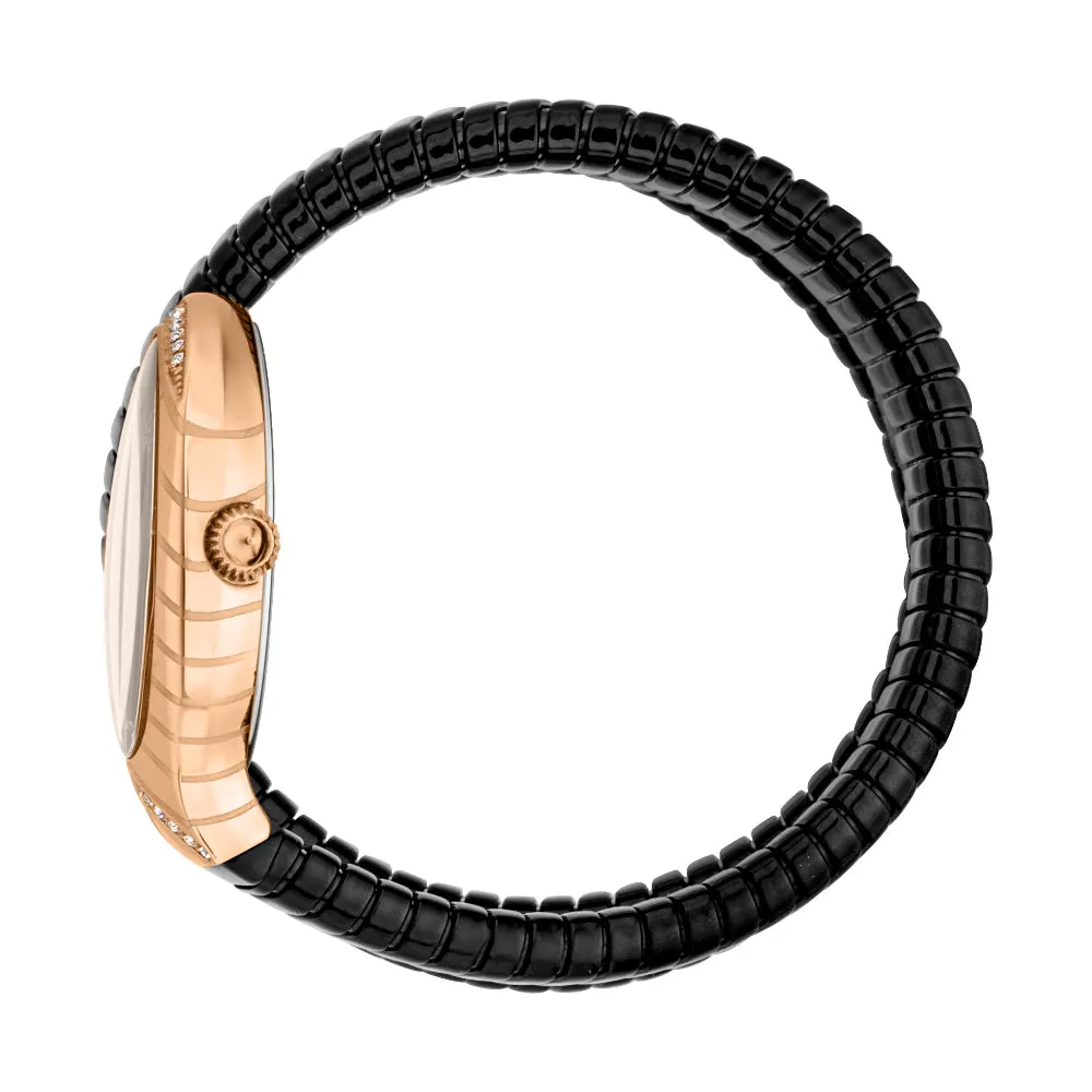 Just Cavalli Snake Shape Women's Watch - Rose Gold Color Case with Black Dial and Two Tone Metal Bracelet