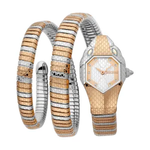 Just Cavalli Women Watch, Two Tone Rose Gold & Black Color Case, Silver Dial, Two Tone Silver & Rose Gold Color Stainless Steel Metal Bracelet