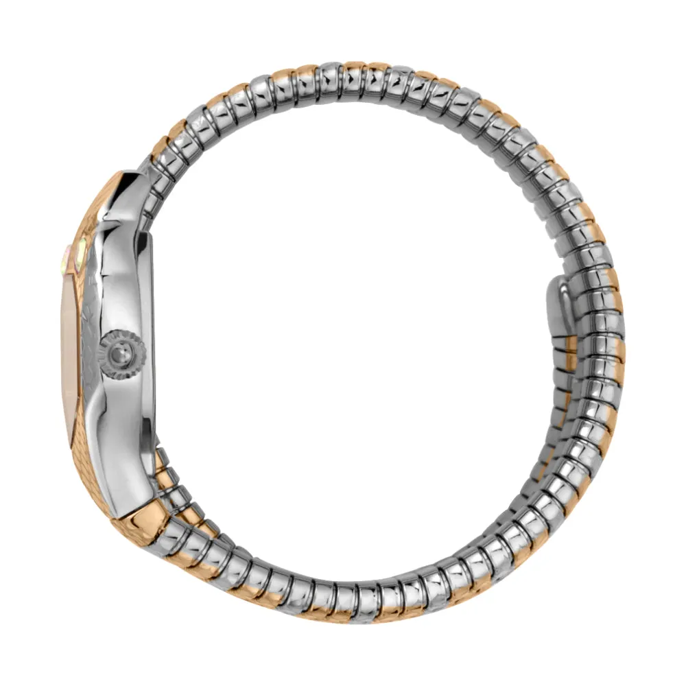 Just Cavalli Women Watch, Two Tone Rose Gold & Black Color Case, Silver Dial, Two Tone Silver & Rose Gold Color Stainless Steel Metal Bracelet