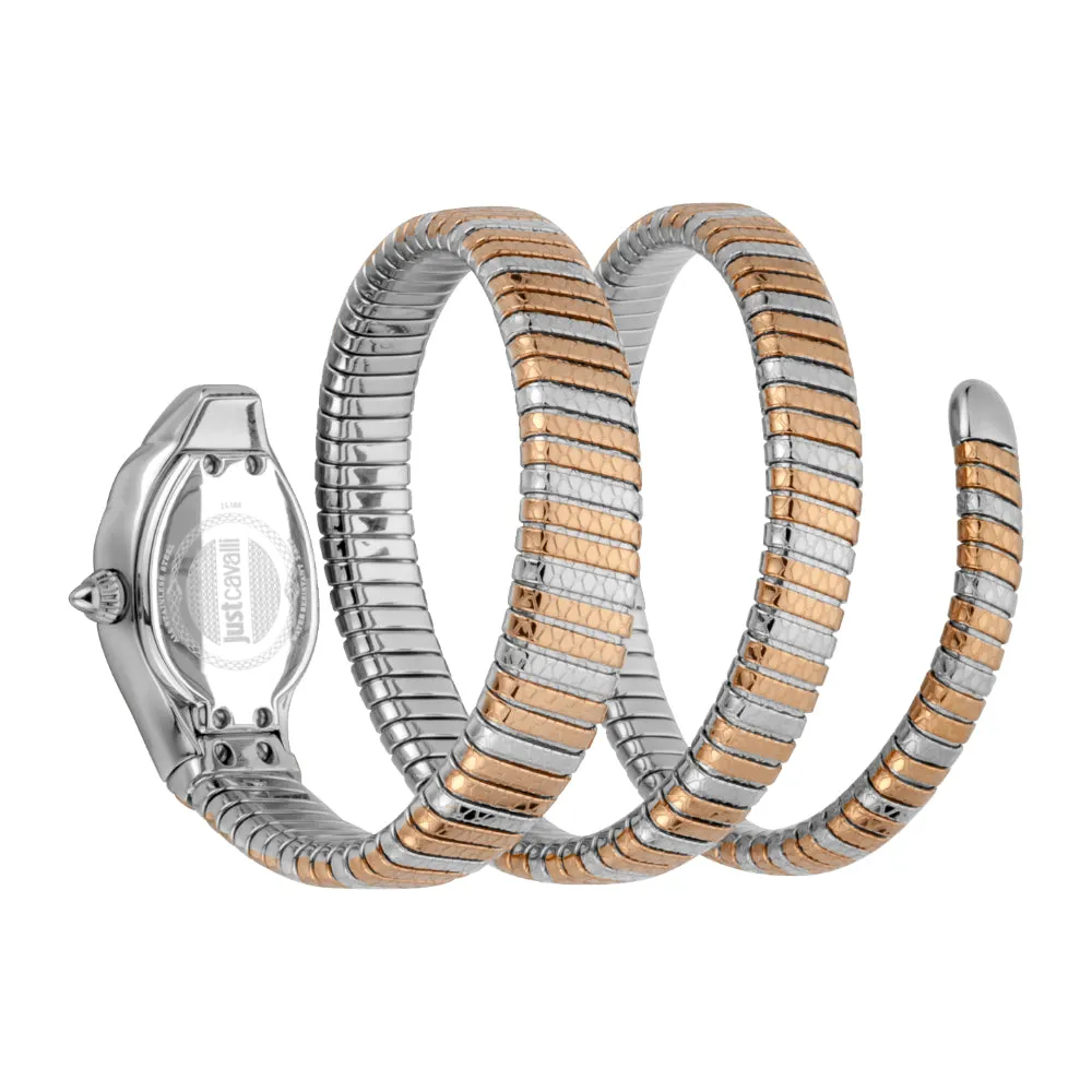 Just Cavalli Women Watch, Two Tone Rose Gold & Black Color Case, Silver Dial, Two Tone Silver & Rose Gold Color Stainless Steel Metal Bracelet
