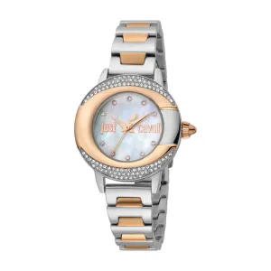 Just Cavalli Women Watch, Two Tone Rose Gold & Black Color Case, White Mop Dial, Two Tone Silver & Rose Gold Color Stainless Steel Metal Bracelet