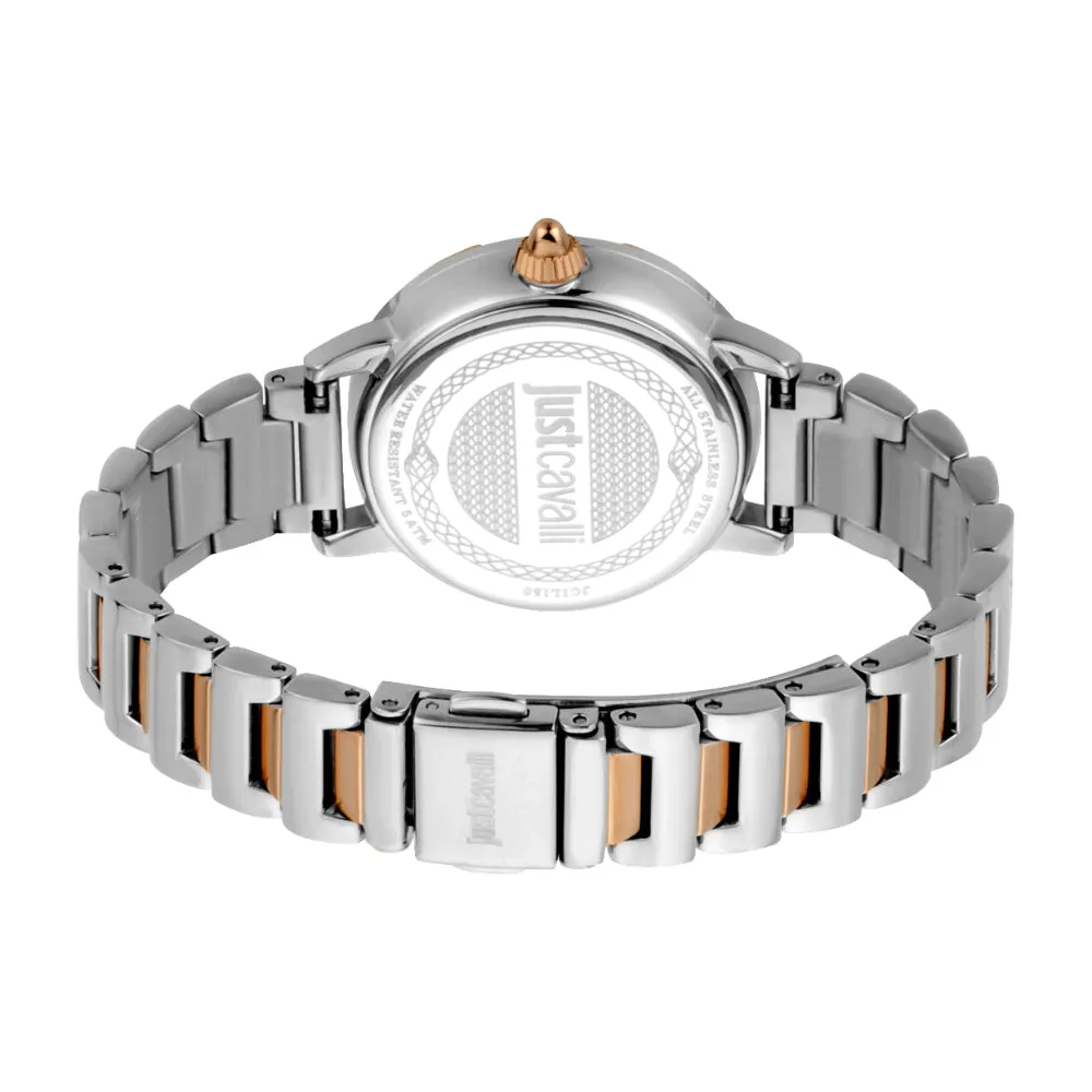 Just Cavalli Women Watch, Two Tone Rose Gold & Black Color Case, White Mop Dial, Two Tone Silver & Rose Gold Color Stainless Steel Metal Bracelet