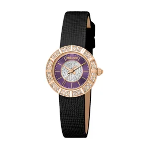 Just Cavalli Women's Rose Gold Case with Purple Dial and Black Leather Strap Watch