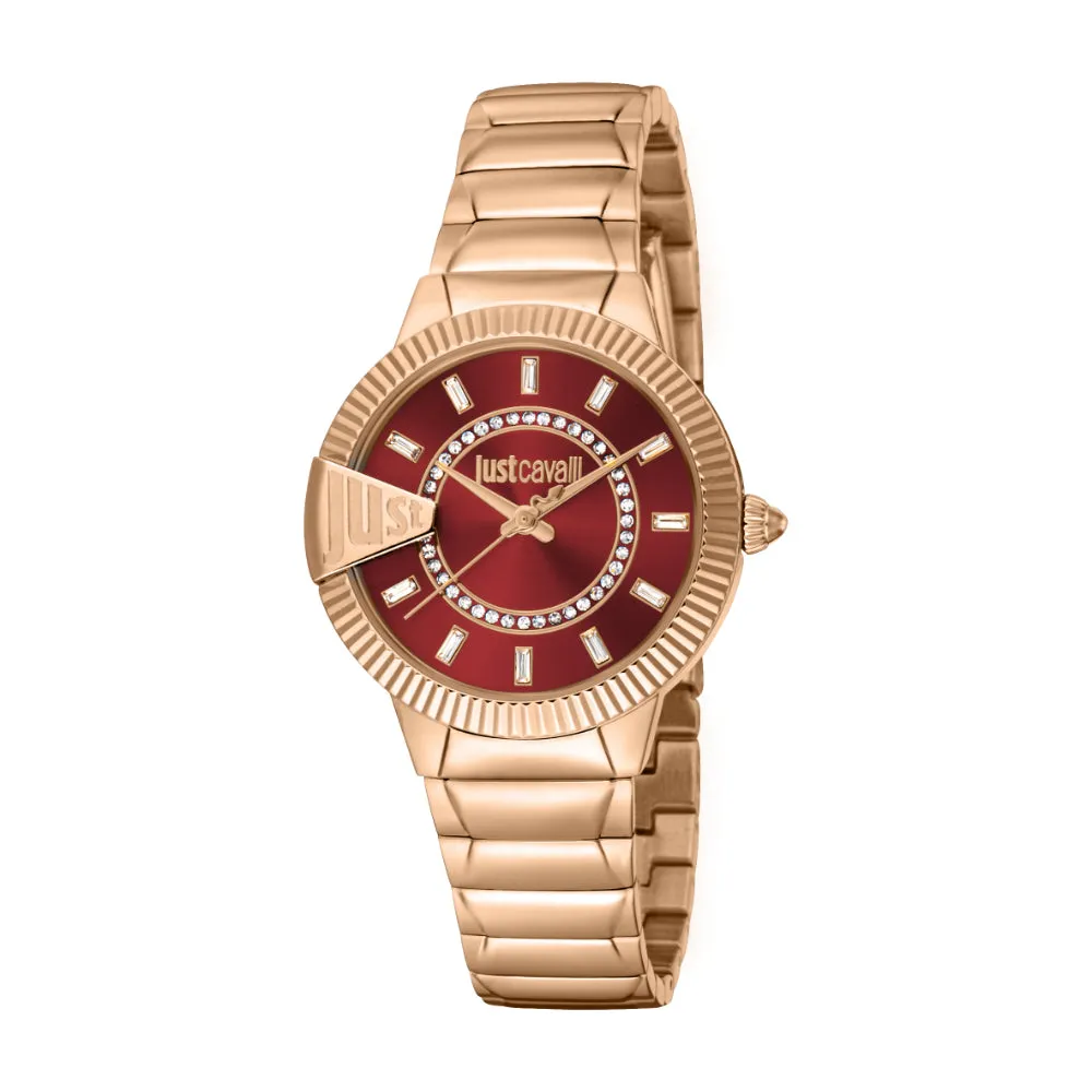 Just Cavalli Women's Watch Rose Gold Color Case Red Dial Rose Gold Color Metal Bracelet