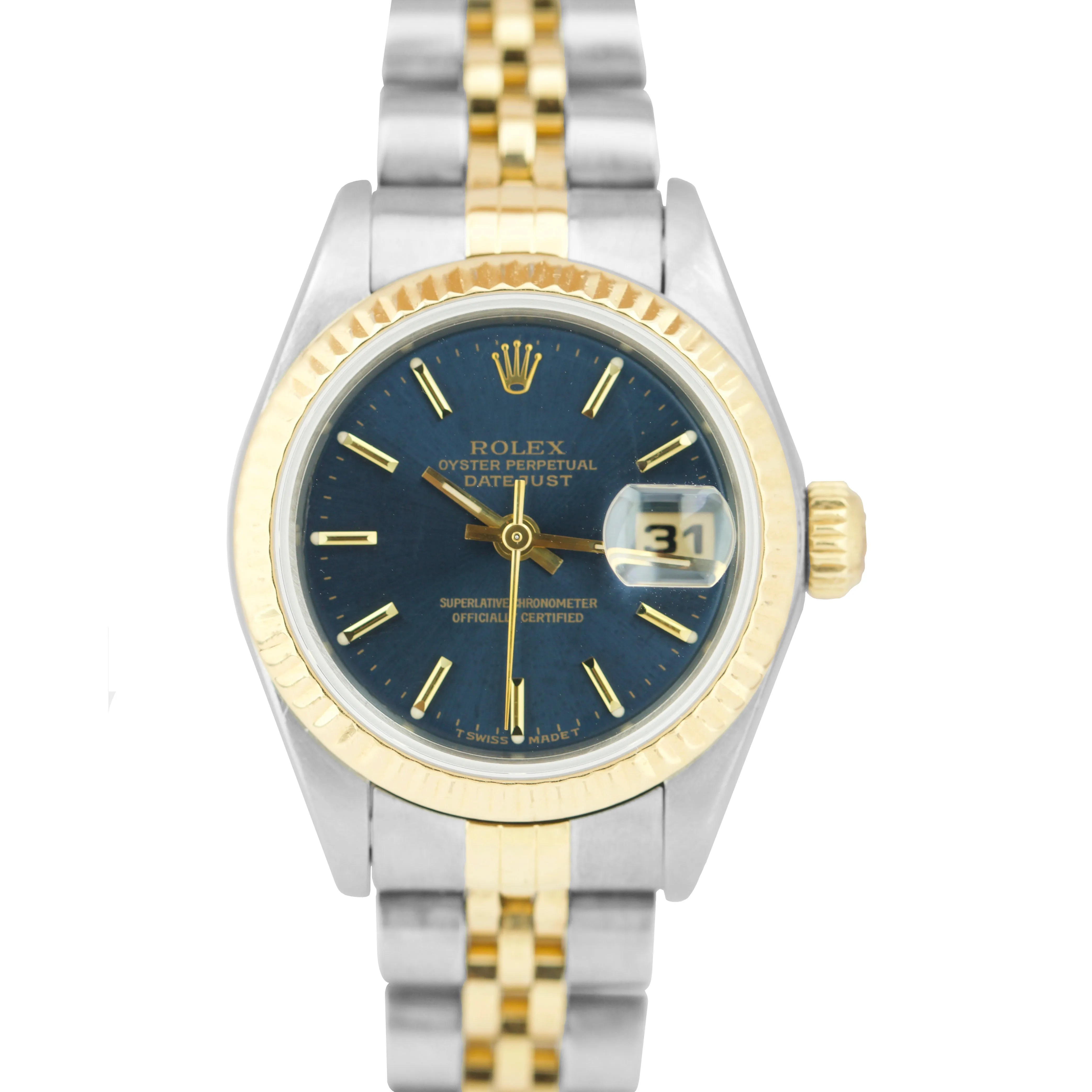 Ladies Rolex DateJust 26mm Jubilee Blue Dial NO-HOLES Two-Tone Gold Watch 69173