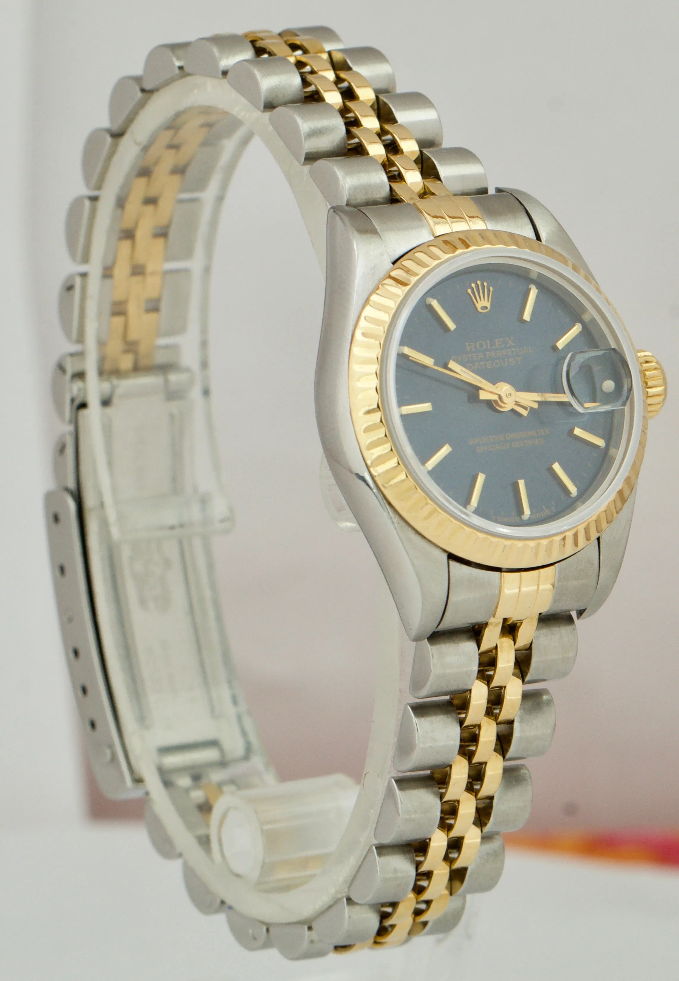 Ladies Rolex DateJust 26mm Jubilee Blue Dial NO-HOLES Two-Tone Gold Watch 69173
