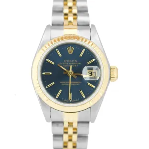 Ladies Rolex DateJust 26mm Jubilee Blue Dial NO-HOLES Two-Tone Gold Watch 69173