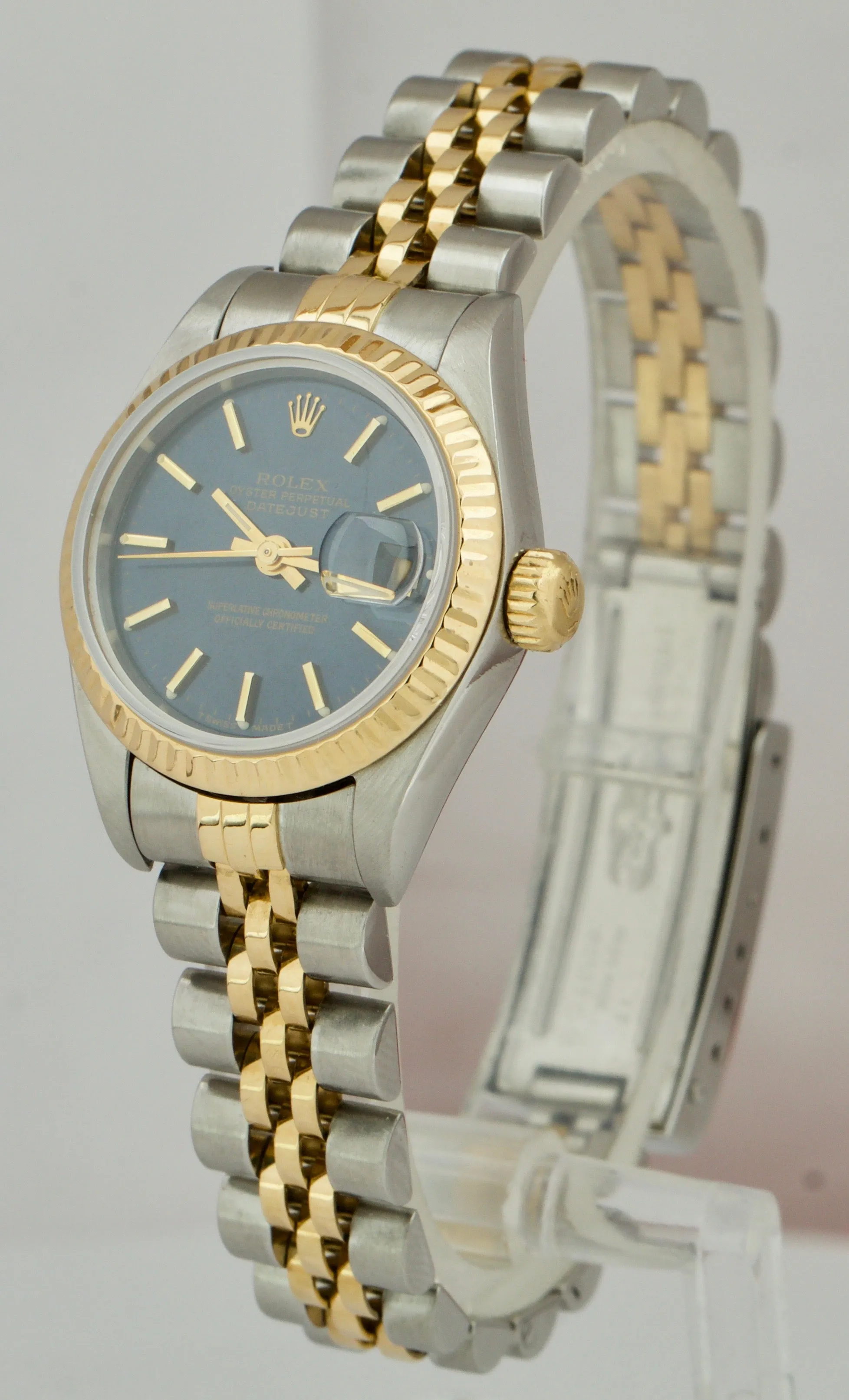 Ladies Rolex DateJust 26mm Jubilee Blue Dial NO-HOLES Two-Tone Gold Watch 69173