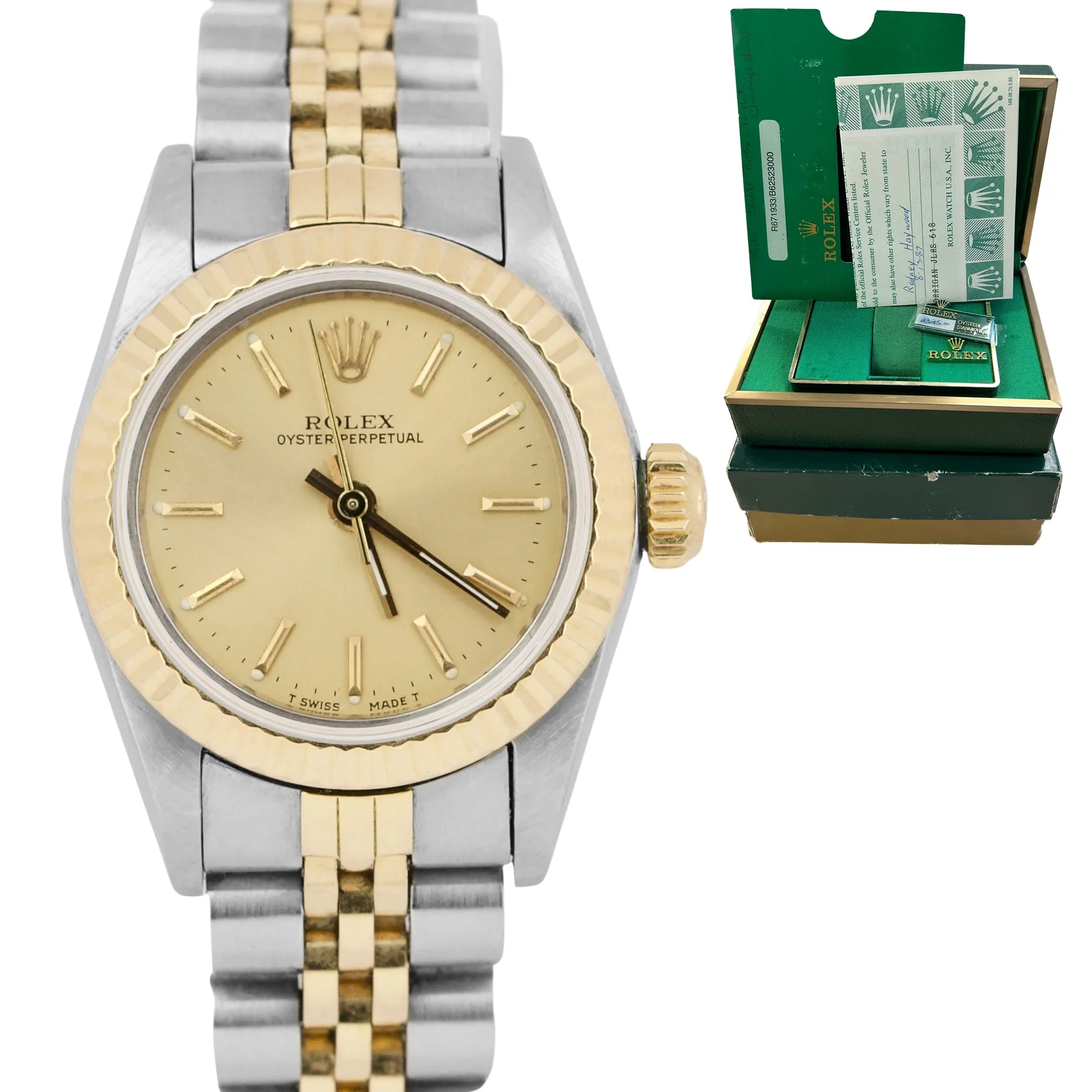 Ladies Rolex Oyster Perpetual 24mm TwoTone Gold CHAMPAGNE Jubilee Watch 67193 BP