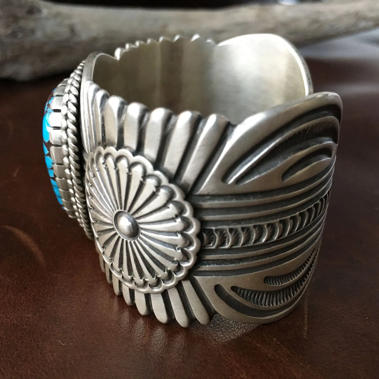 Large Single Egyptian Turquoise Stamped Sterling Silver Bracelet Cuff