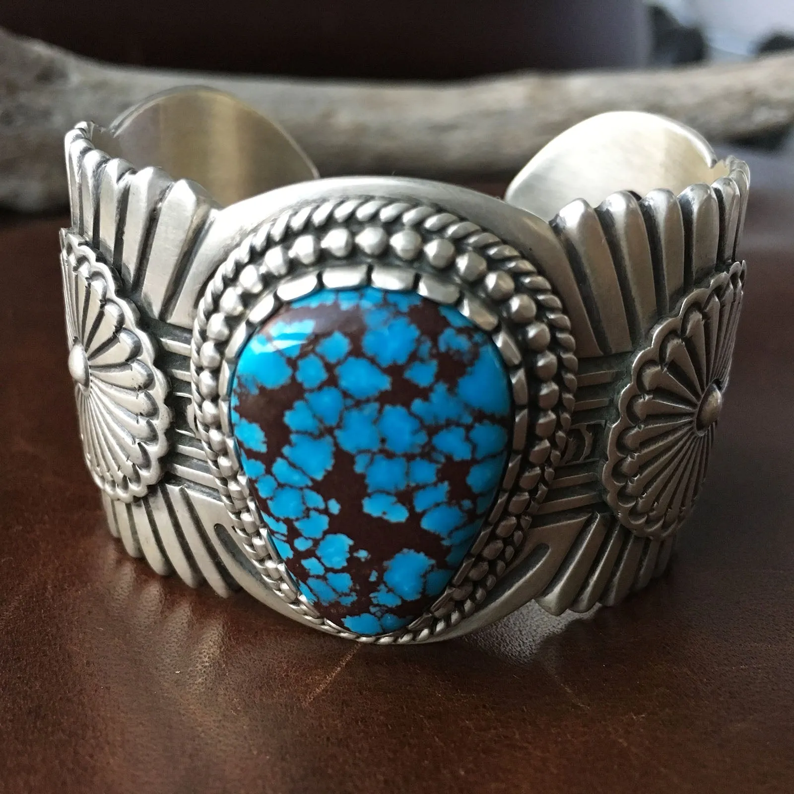 Large Single Egyptian Turquoise Stamped Sterling Silver Bracelet Cuff