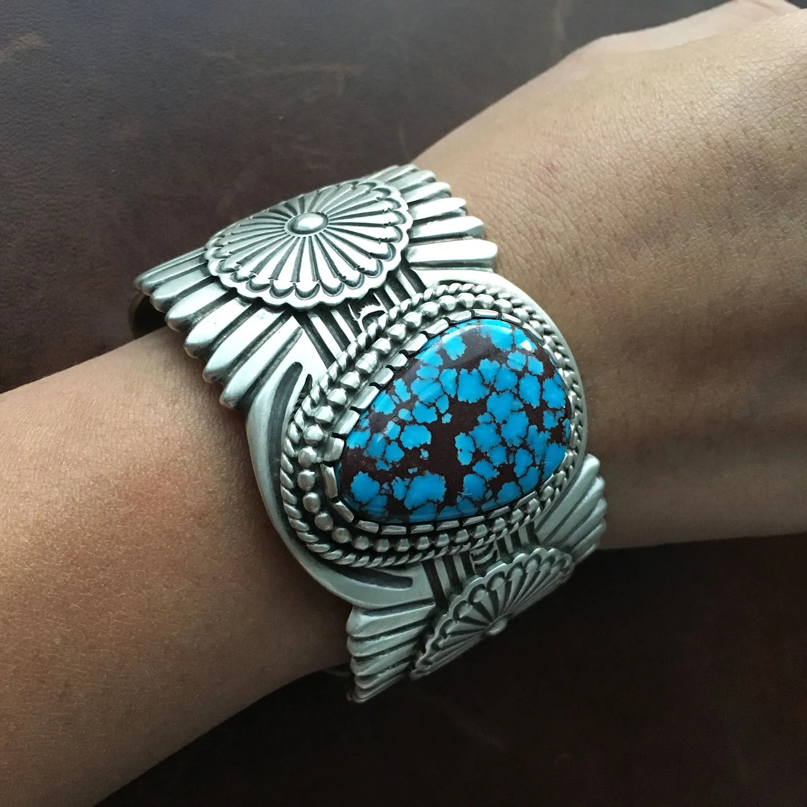 Large Single Egyptian Turquoise Stamped Sterling Silver Bracelet Cuff