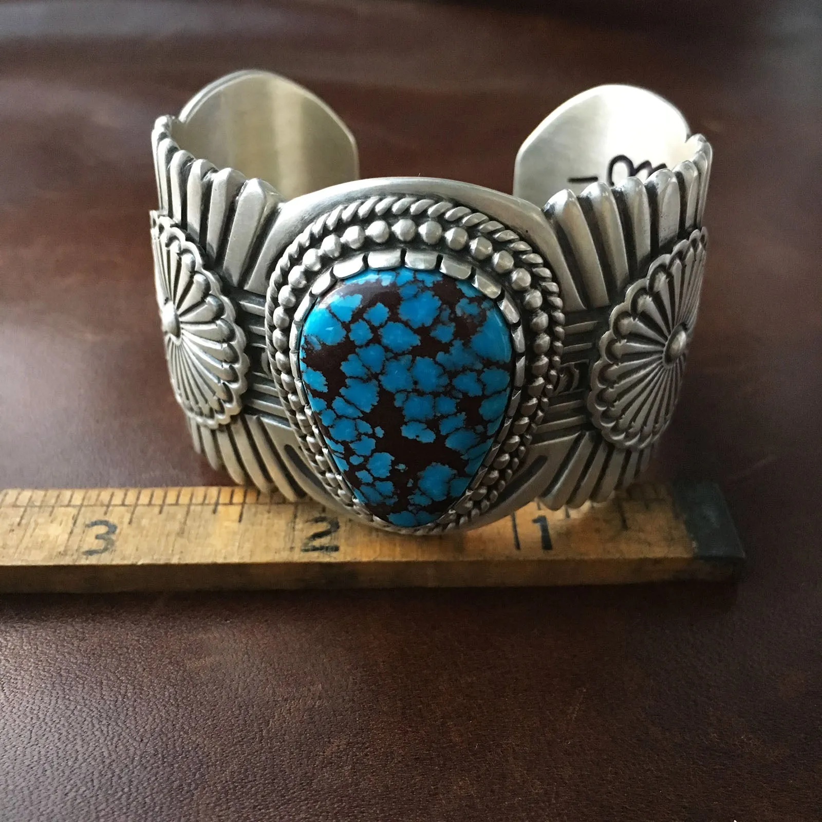 Large Single Egyptian Turquoise Stamped Sterling Silver Bracelet Cuff