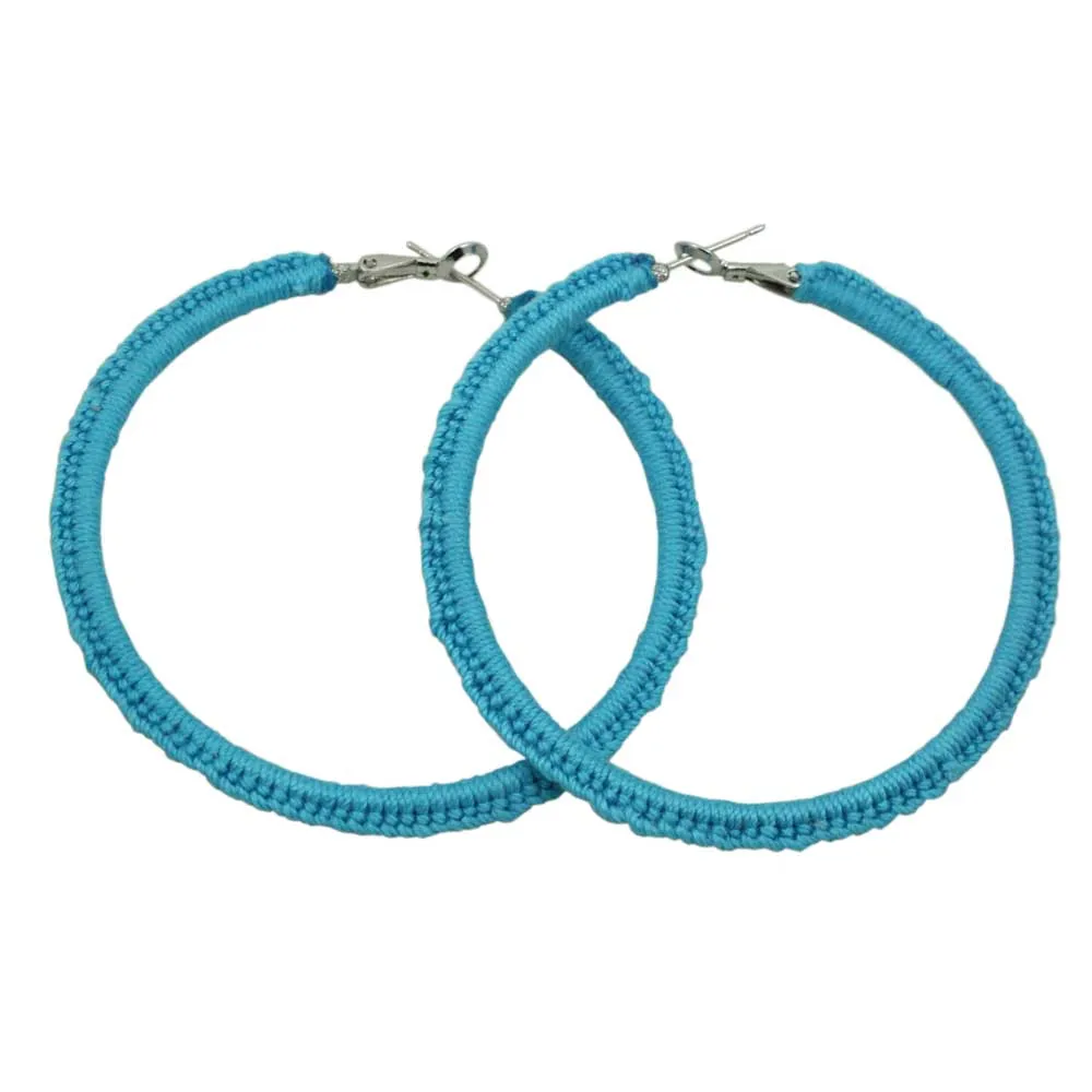 Large Turquoise Blue Crochet Hoop Pierced Earring - STXE34