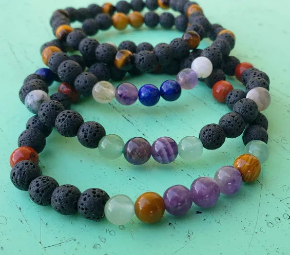 Lava Stone Diffuser  Handmade Stretch Band With Mixed Natural Gemstones