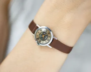 Limited edition women watch Cornavin vintage, lady watch silver shade dial Roman numerals, grey shockproof watch, new genuine leather band